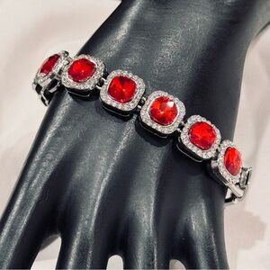 Boutique Red & Clear VVS CZ Halo Tennis Bracelet Rhodium Stainless Steel 8 in